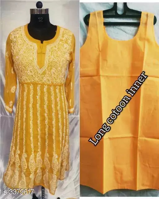 Handwork Chikankari Chiffon Anarkali kurti With Inner.