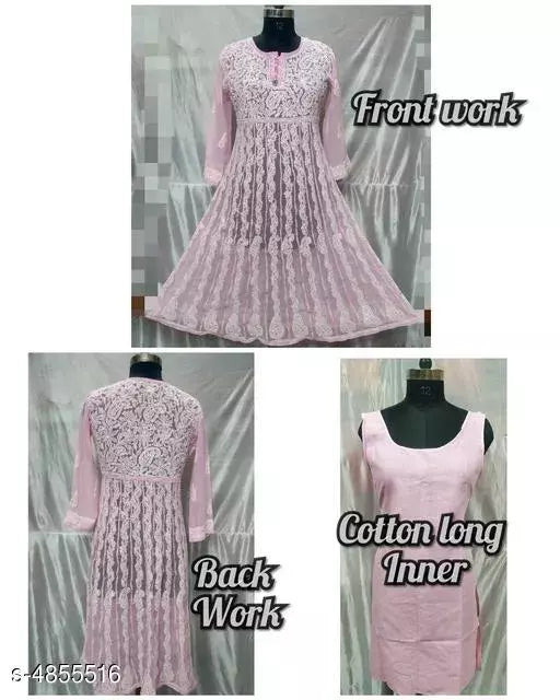 Handwork Chikankari  Chiffon Anarkali kurti With Inner.