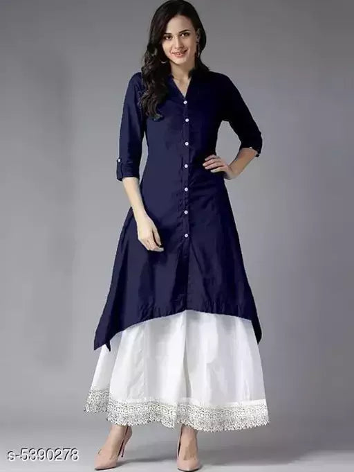 Women Cotton C-Cut Solid Long Kurti With Palazzos