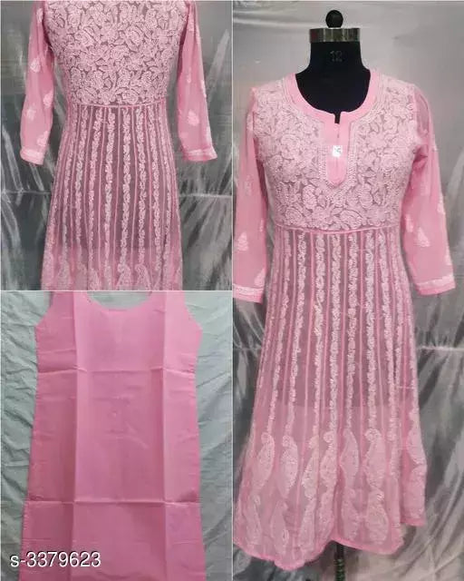 Handwork Chikankari  Chiffon Anarkali kurti With Inner.