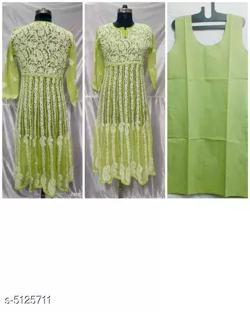 Handwork Chaikankari Chiffon Anarkali Kurti &with inner.