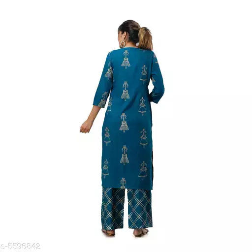 Women Rayon A-line Printed Long Kurti With Palazzos