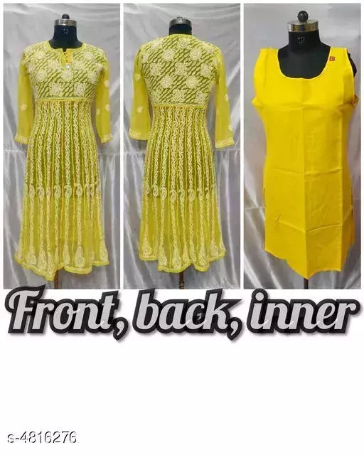 Handwork Embroidered Chikankari Chiffon Anarkali Kurti with inner.
