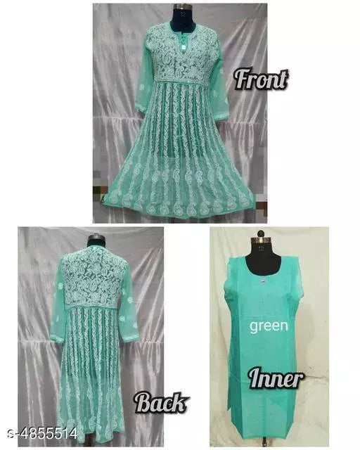 Handwork Chikankari  Chiffon Anarkali kurti With Inner.