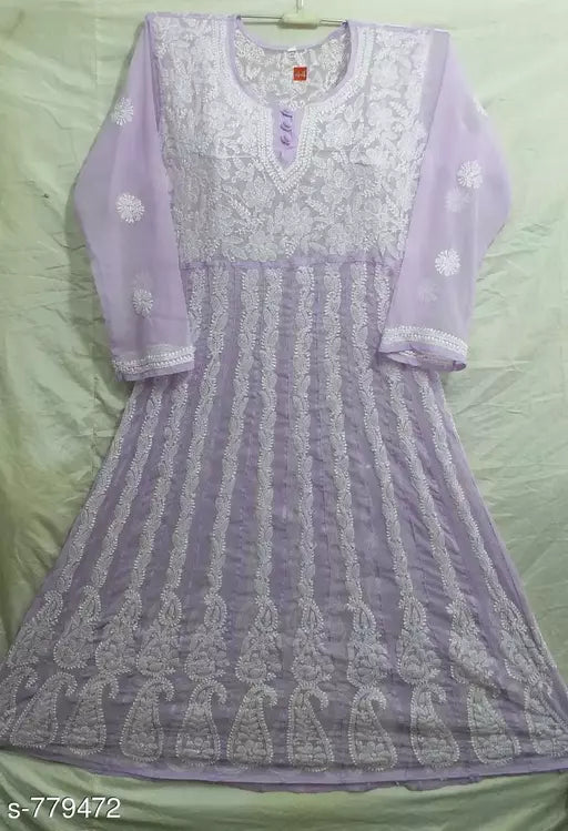 Chikankari handwork Embroidered Chiffon Anarkali kurti.