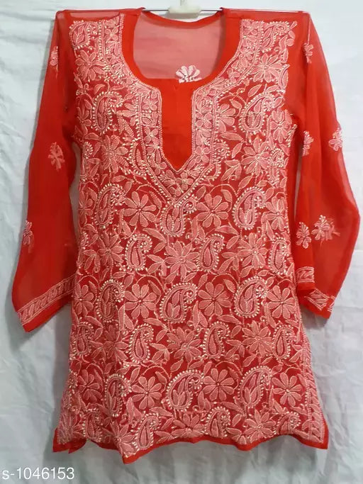 Chikankari handwork Embroidered short Jall kurti