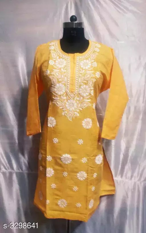 Women's Chikankari Yellow Jute Cotton Kurti