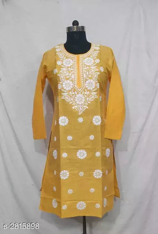 Women Cotton A-line Embroidered Yellow Kurti
