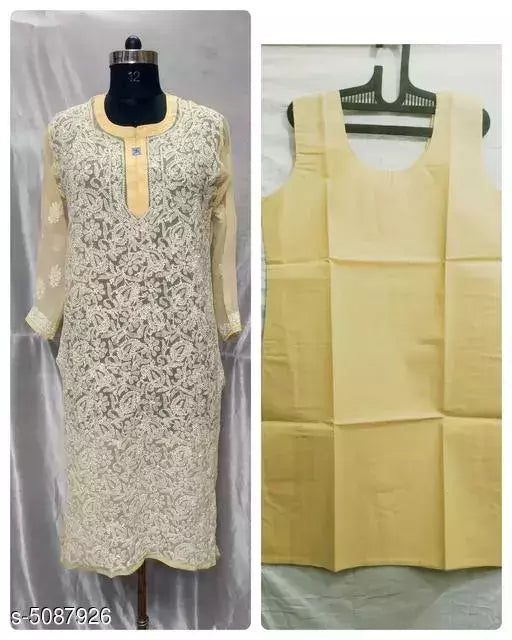 Women Chiffon A-line Chikankari Yellow Kurti