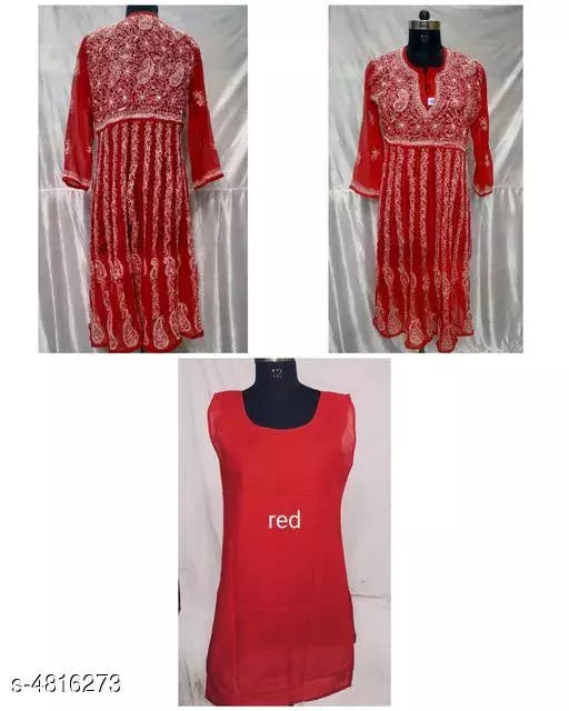 Handwork Embroidered Chikankari Chiffon Anarkali Kurti with inner.