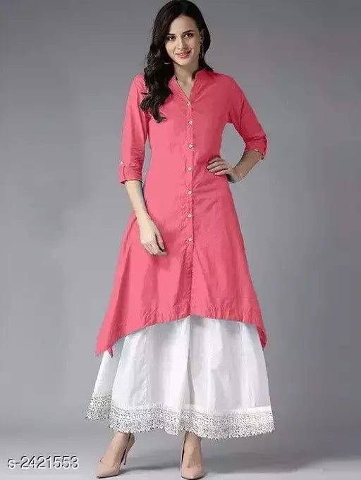 Women Cotton C-Cut Solid Long Kurti With Palazzos