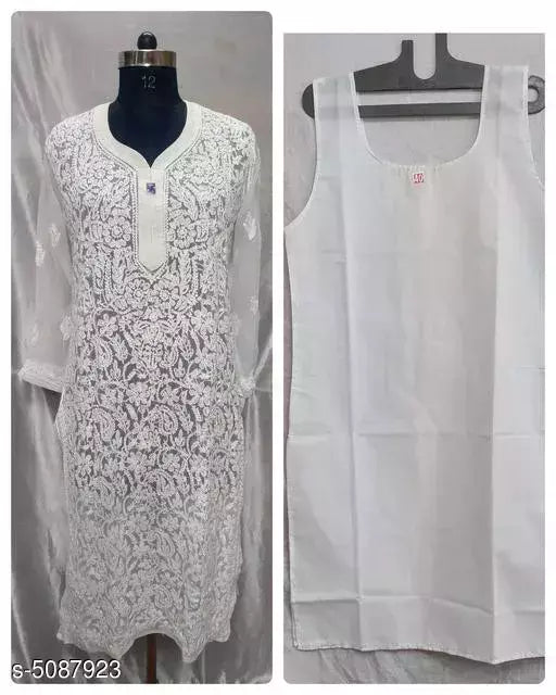 Women's Chikankari White Chiffon Kurti