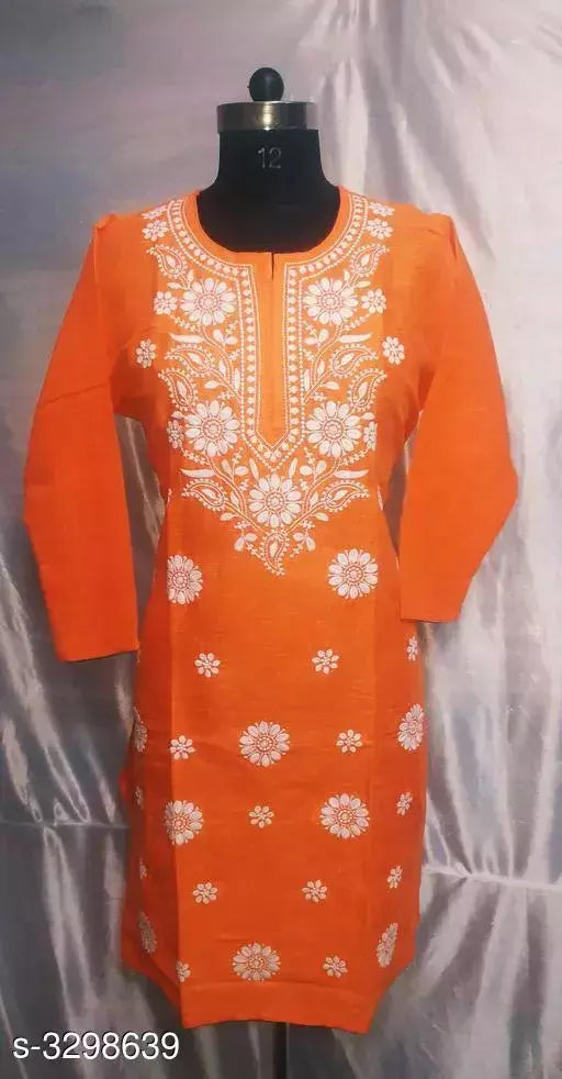 Women Jute Cotton A-line Chikankari Orange Kurti
