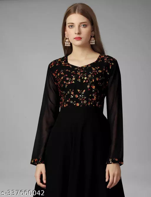 Exquisite Georgette Long Dress - Elegant Party Wear Black Gown for Women and Ladies