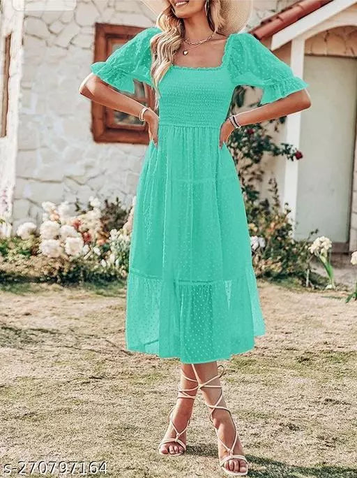 qua Blue Georgette Off-Shoulder Smocked Dress