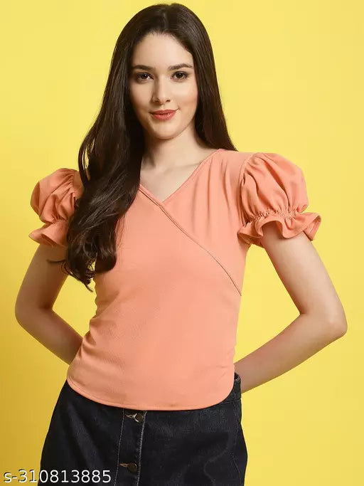 Women Peach Solid Puff Sleeve Wrap Top (Women Top | Women Tops | Top)