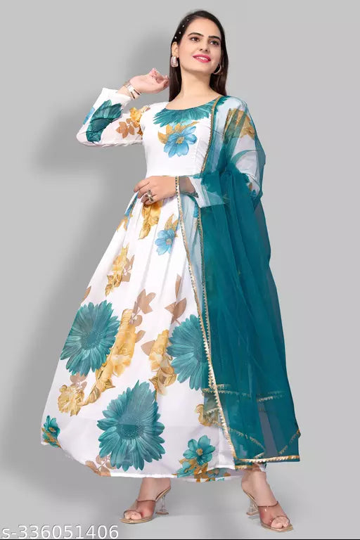 QVAZOR Stylish Fancy Trendy Printed Georgette Gown For Women For Party Wedding Festival Functions