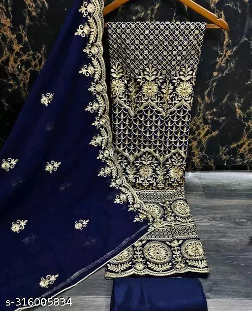 Women's Blue Floral Patiala Embroidered Sequence Work Georgette Salwar Suit & Dress Materials