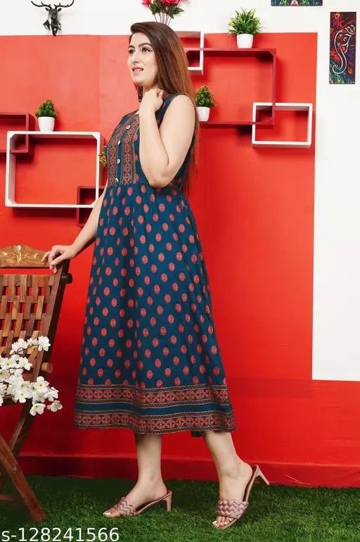 Shree Ganesh fashion's Rayon Anarkali Printed Teal Green Kurti for women