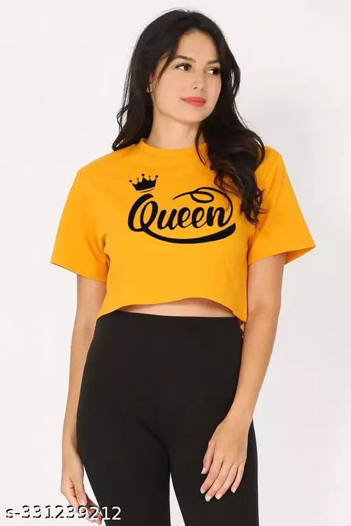 Trendy Feminine Printed Crop Tshirt Round Neck Top For Womens