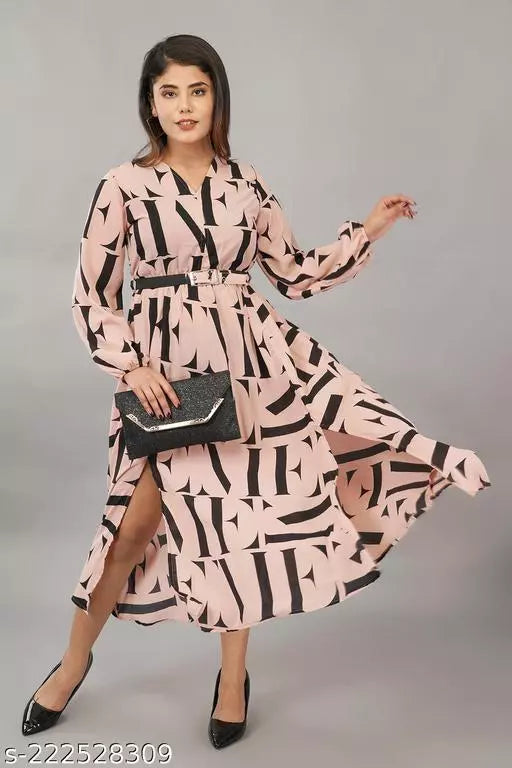 Full Sleeves Front Slit Printed Dress For Women