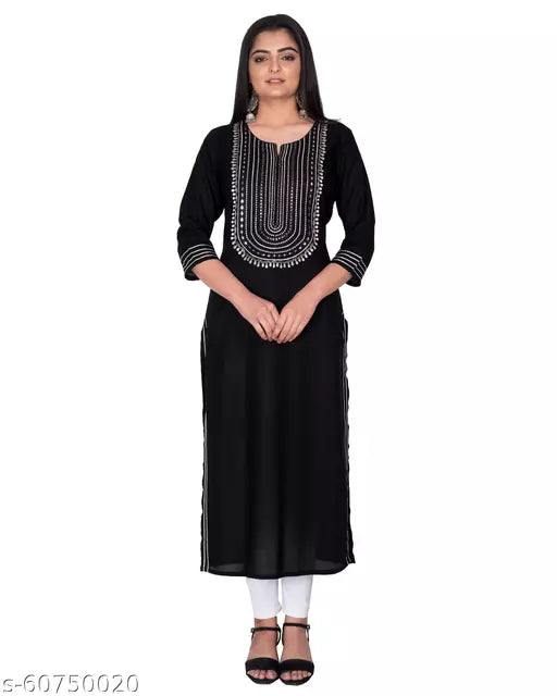 Swasti  Women Embroidered Rayon Straight Kurta  Black