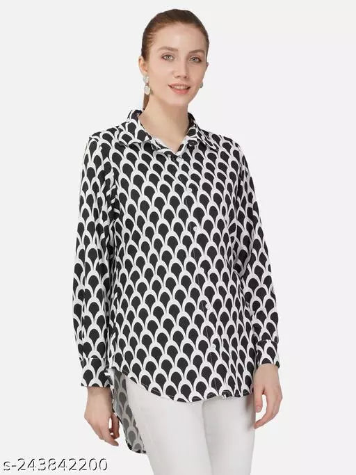 Full Sleeves Collared Front Open Multicolor High Low  Long Shirt For Women