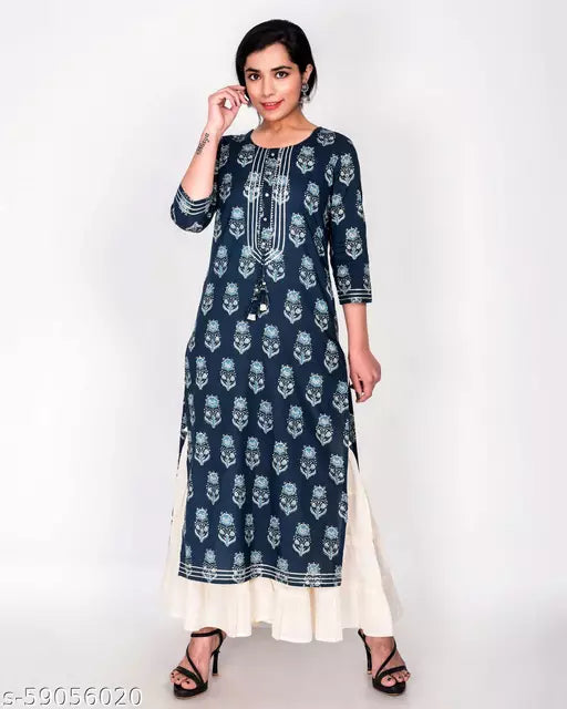 Swasti Women Printed Rayon Straight Kurta  (Blue)