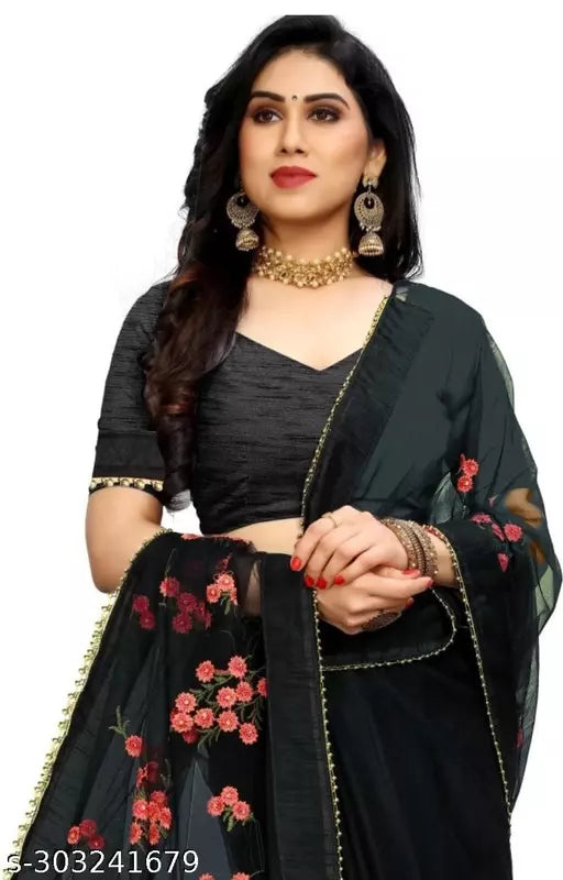 Bollywood Celebrity inspired Explore net saree With beautifull Embroidered all over moti work Black colours