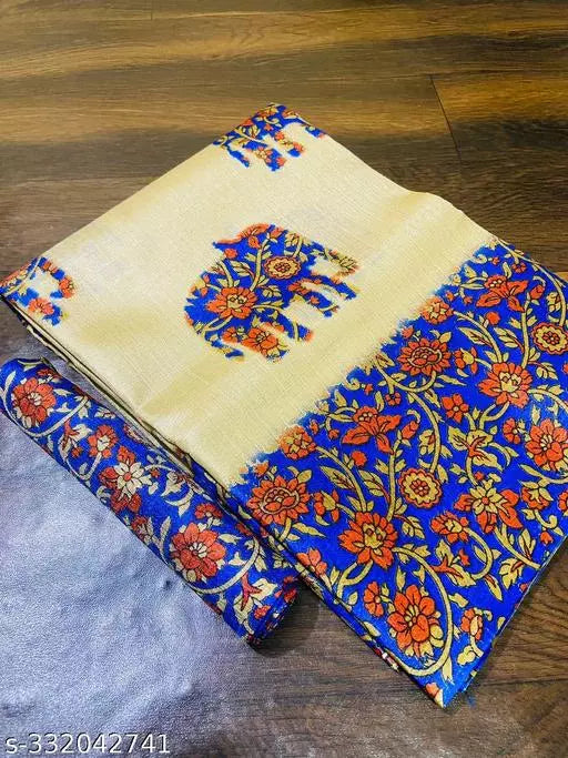 ELEPHANT PRINTED KHADI SILK BLENDED LIGHT WEIGHT COMFERTABLE WEAR SAREE WITH BLOUSE