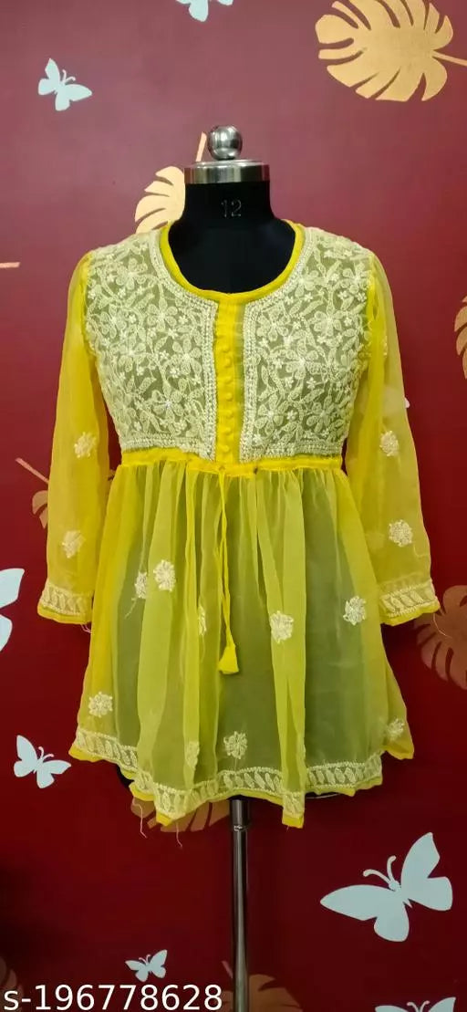 Handwork Embroidere Chikankari Chiffon Short Frock kurti .