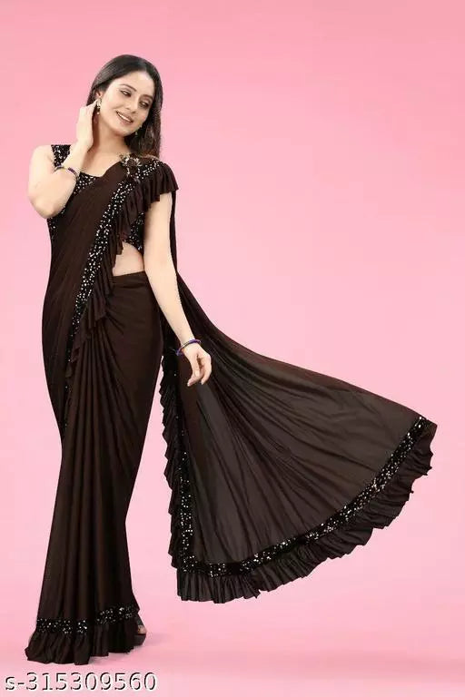 Ready To Wear Lycra Freel Fancy Party Wear Sarees Coffee Colour Sarees with sequance blouse BY Kraddle