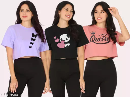 Trendy Feminine Printed Crop Top Round Neck Top For Womens (Pack Of 3)