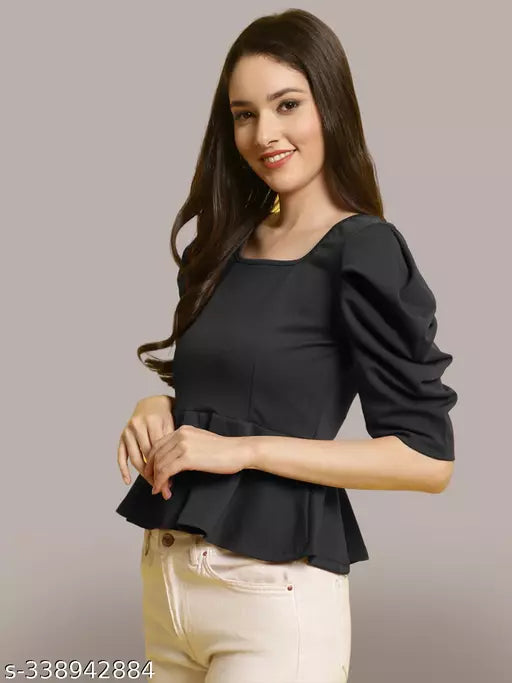 Women Square Neck Puff Sleeves Peplum Top (Women Top | Women Tops | Top)