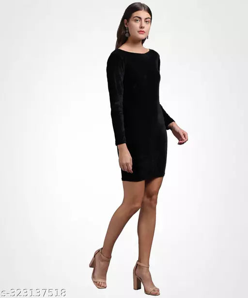 Vivient Women Black Velvet Short Dress