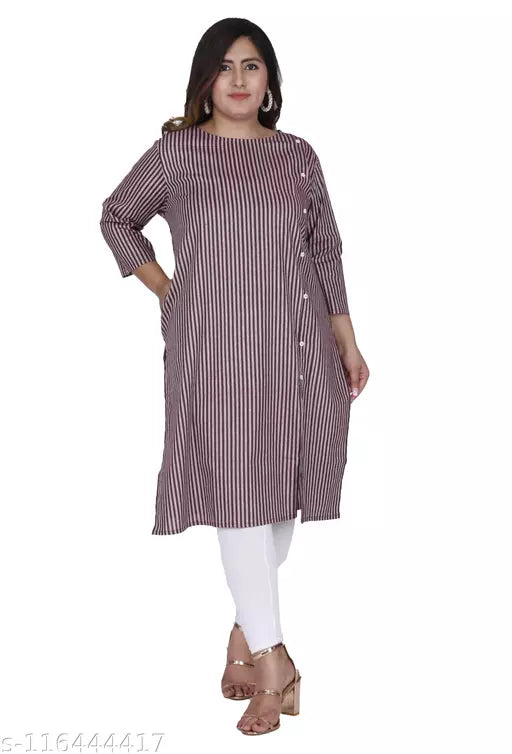 Shritikas Designer Purple Stripes Straight Cotton Plus Size Kurti For Women 