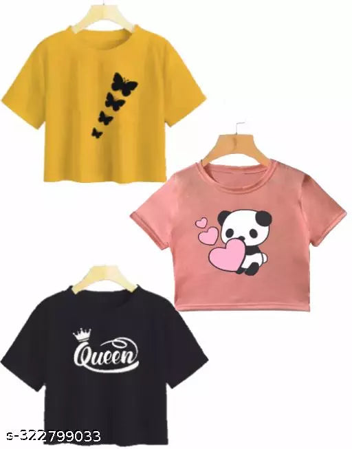 Trendy Feminine Printed Crop Tshirt Round Neck Top For Womens (Combo 3)