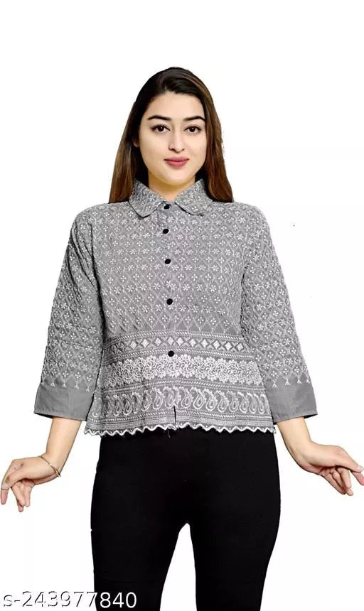 Modern Classic: Women's Spread Collar Shirt with Intricate Embroidery  Crop_Shirt