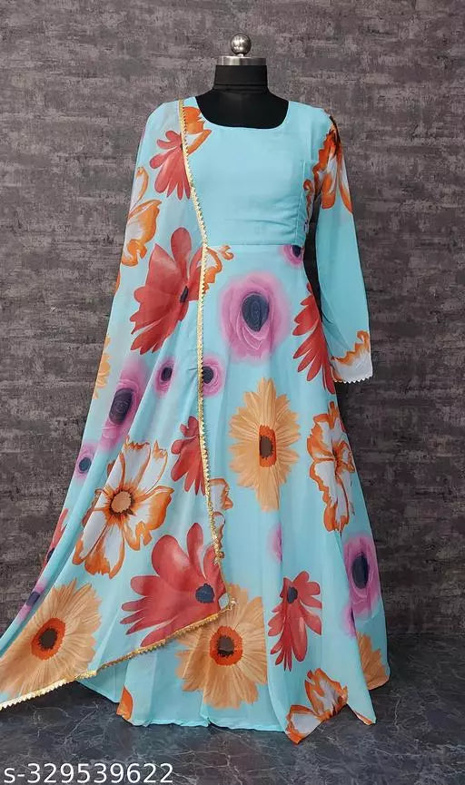 QVAZOR Stylish Fancy Trendy Printed Georgette Gown For Women For Party Wedding Festival Functions