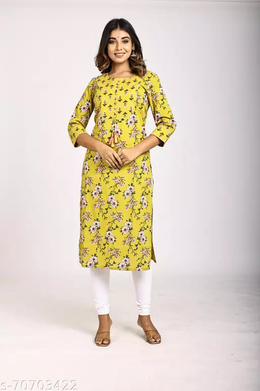 Swasti Plus Size Women Yellow Printed Cotton Straight Kurta
