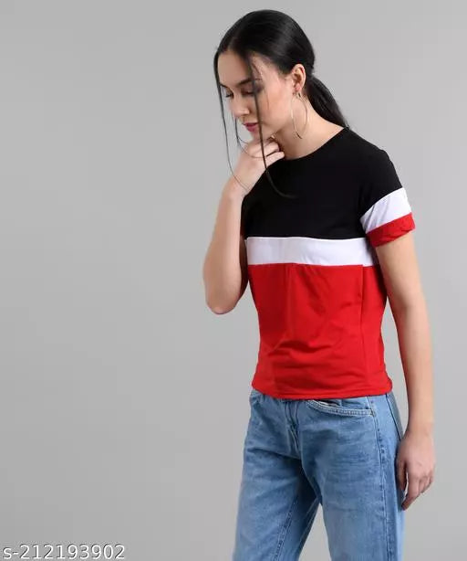 Vivient Women Black White Red Colorblocked Tshirt