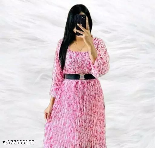Jkp Collections Women & Girl Casual Dress  Floral Print  Georgette Fabric  Knee Lenth In Color Tota Pink