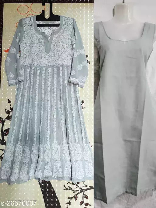 Handwork  Embroidered Chikankari Chiffon Anarkali  Kurti with Camisole Inner