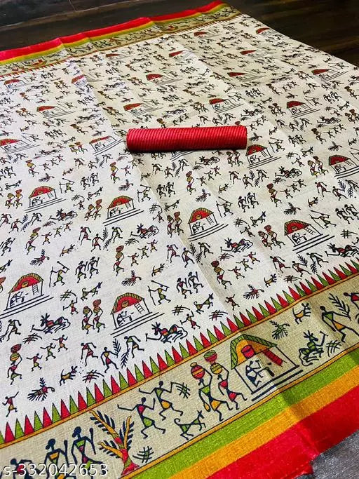 WARLI PRINTED KHADI SILK BLENDED LIGHT WEIGHT COMFERTABLE WEAR DESIGNER SAREE WITH BLOUSE