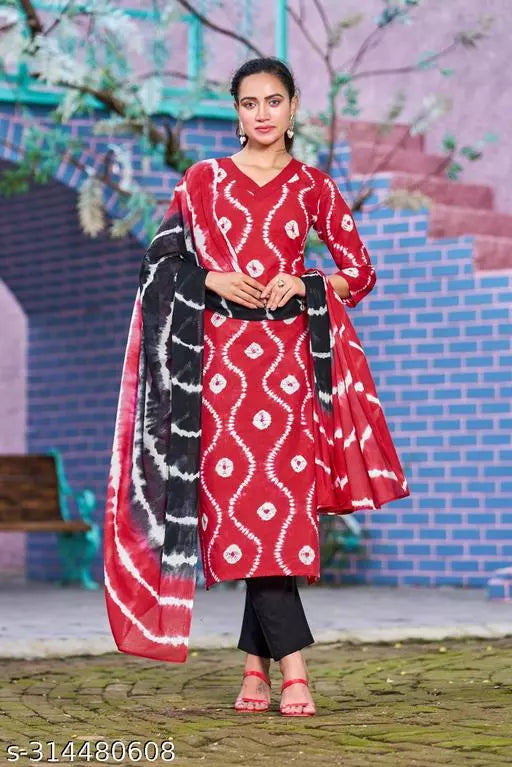 Anni Designer Women's Cotton Blend Red Straight Printed Kurta with Trouser & Dupatta