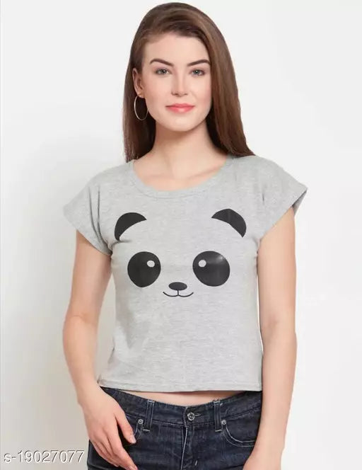 Vivient Women Grey Smiley Panda Face Printed Crop Top
