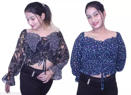 WOMEN CROP TOPS WITH FLORAL PRINTED AND STYLISH NECK
