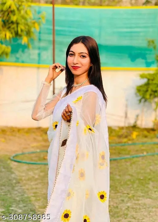 Fancy Embroidered Net Embroidered White sarees