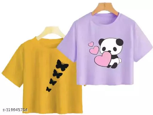 Trendy Feminine Printed Crop Tshirt Round Neck Top For Womens (Combo2)