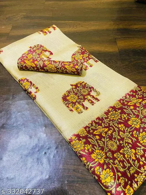 ELEPHANT PRINTED KHADI SILK BLENDED LIGHT WEIGHT COMFERTABLE WEAR SAREE WITH BLOUSE